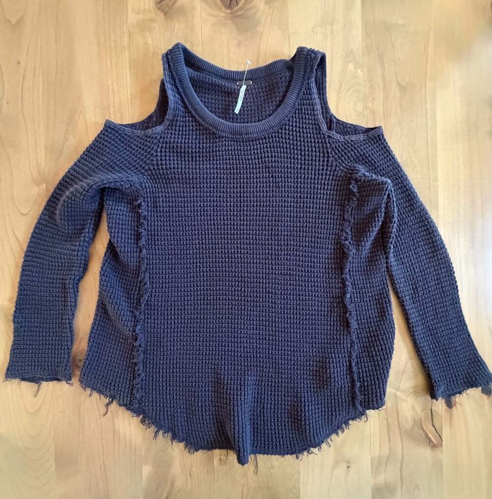 Free People Moonshine Cold Shoulder Distressed Waffle Knit Sweater S